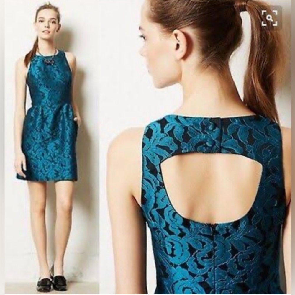Anthropologie Ottava Tabitha Cocktail  Black Teal Brocade Keyhole Mini 12